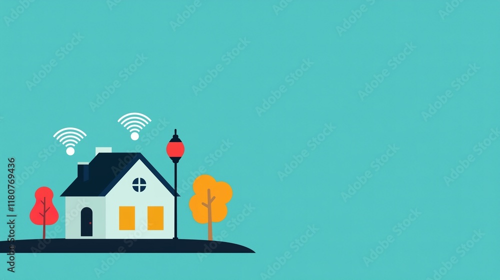 Smart Home Concept with WiFi, House, and Autumn Trees Illustration Smart Home Concept with WiFi, House, and Autumn Trees Illustration