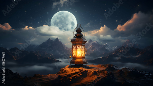 Wallpaper Mural Magical glowing lantern illuminating rocky terrain under a bright moon and starry night sky over majestic mountains with mist Torontodigital.ca