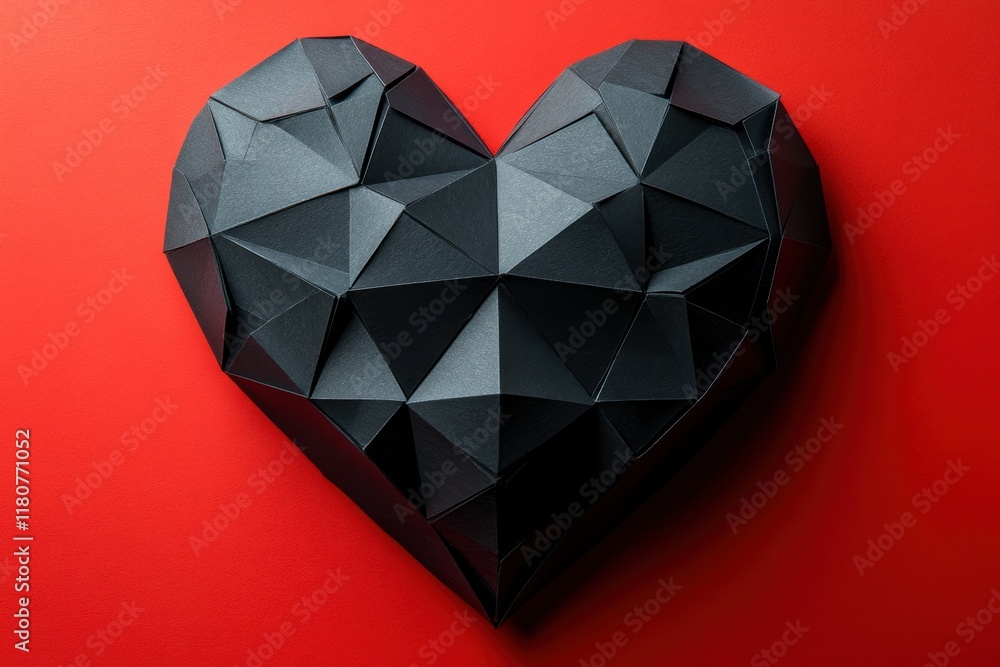 Black Heart Art on Red Background Geometric Paper Design Black Heart Art on Red Background Geometric Paper Design