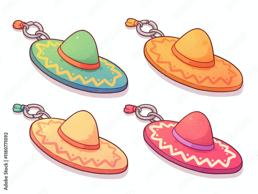 Four Colorful Sombrero Keychains Four Colorful Sombrero Keychains