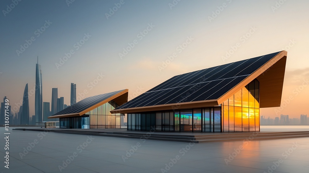 Futuristic high tech battery powered building with sleek and angular solar powered architecture iridescent glass facade reflecting the city skyline Futuristic high tech battery powered building with sleek and angular solar powered architecture iridescent glass facade reflecting the city skyline