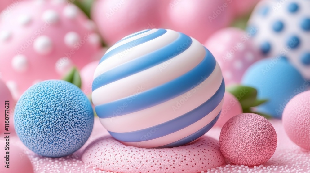 Fototapeta premium Pastel-Colored Striped and Textured Spheres on Pink Surface