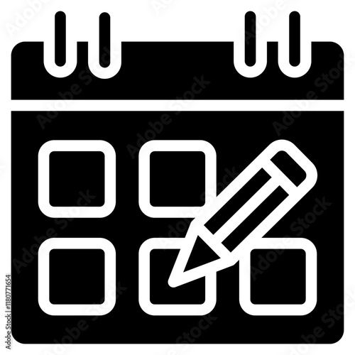 Edit calendar icon. Personal organizer, adjust, revision, pencil and document icons. Daily checklist management, containing date, timetable, weekly schedule, agenda. Solid icon.