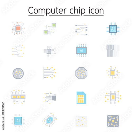 Computer chip icon set in thin line style