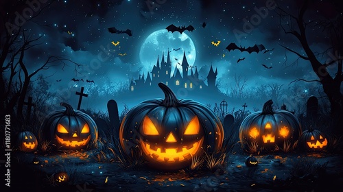 Spooky Halloween night scene with glowing jack-o'-lanterns in a graveyard before a castle under a full moon. photo