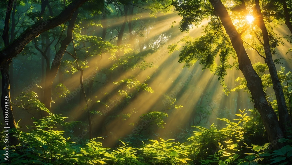 Obraz premium Sunbeams Through the Forest: A Magical Dawn