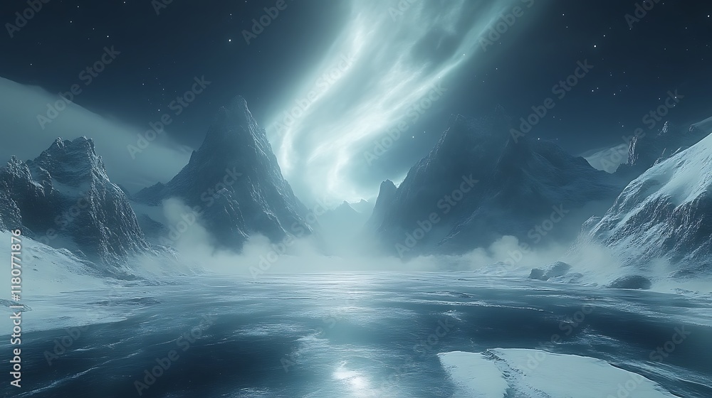Fototapeta premium Frozen Mountainscape Underneath Aurora Borealis Display
