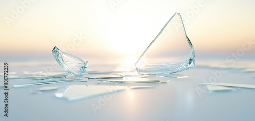 A broken glass on a table with the sun shining on it