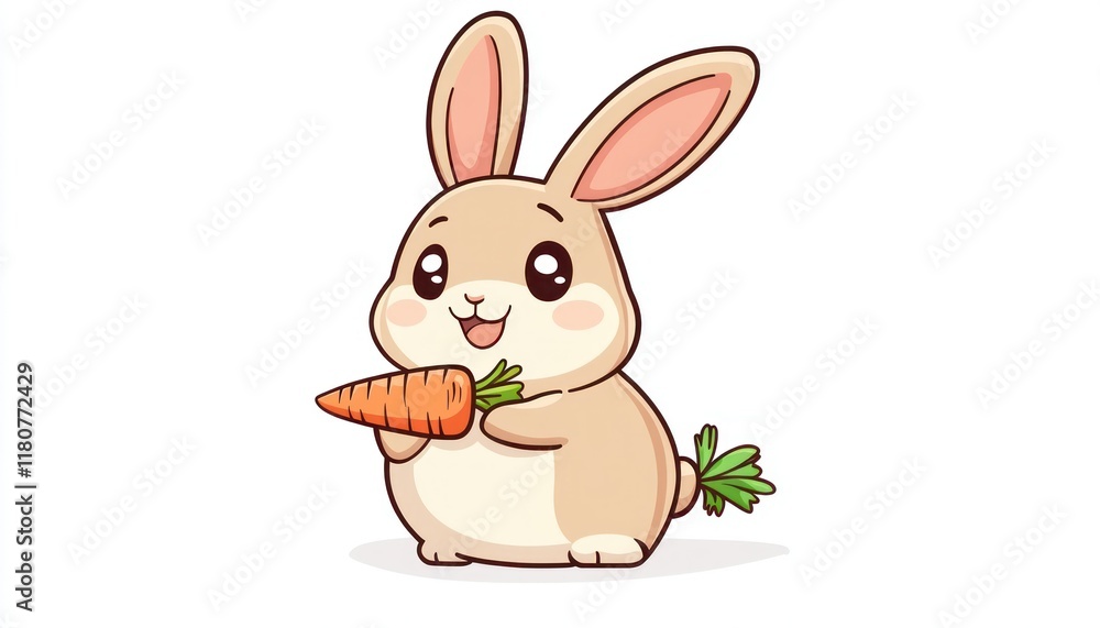 Fototapeta premium Cute Cartoon Rabbit Holding a Carrot with a Happy Expression, perfect for kids illustrations, animation or greeting cards,