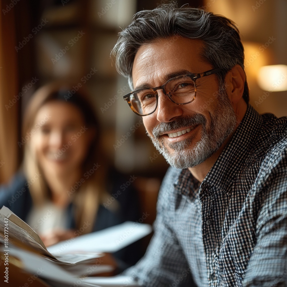 Fototapeta premium Smiling Man in Glasses with Woman in Cozy Indoor Setting