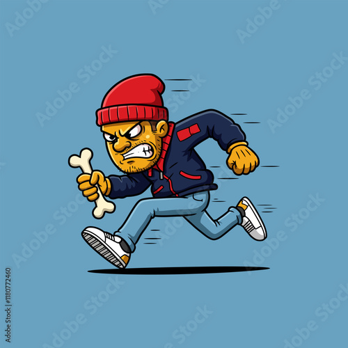 An angry cartoon man in a red beanie and blue jacket runs quickly while holding a bone.