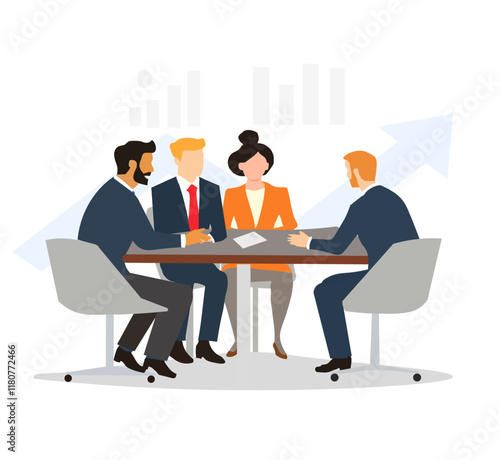 business people working together, Business Discussion. cartoon illustration in flat style of a group of diverse people leading a discussion at the table near diagrams and graphs.
