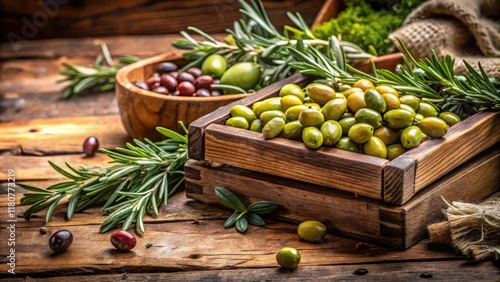 Freshly harvested olives and fragrant herbs like rosemary and thyme nestled among grape leaves, with a rustic wooden crate in the background , grape leaves, herbs photo