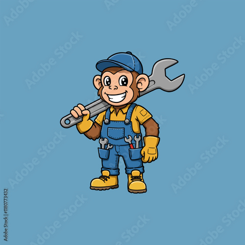 A cheerful cartoon monkey wearing overalls and a cap carries a large wrench and is ready for work.