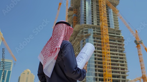 Arab Engineer Supervising Construction of Skyscraper