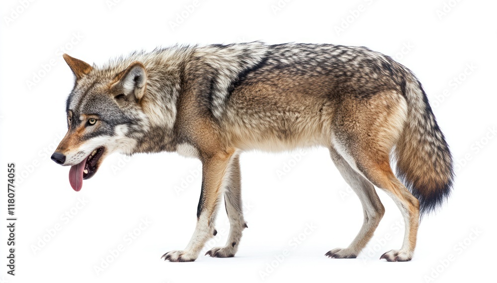 Naklejka premium A Majestic Timber Wolf in a Full Body Profile, Panting with Tongue Out, showcasing its Wild, Natural Beauty Against a Clean White Background