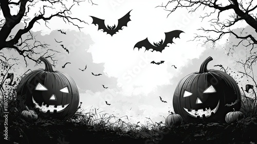 Two carved Halloween pumpkins in a spooky grayscale forest scene with flying bats. photo