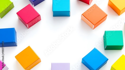 Colorful square boxes arranged in a frame on white photo