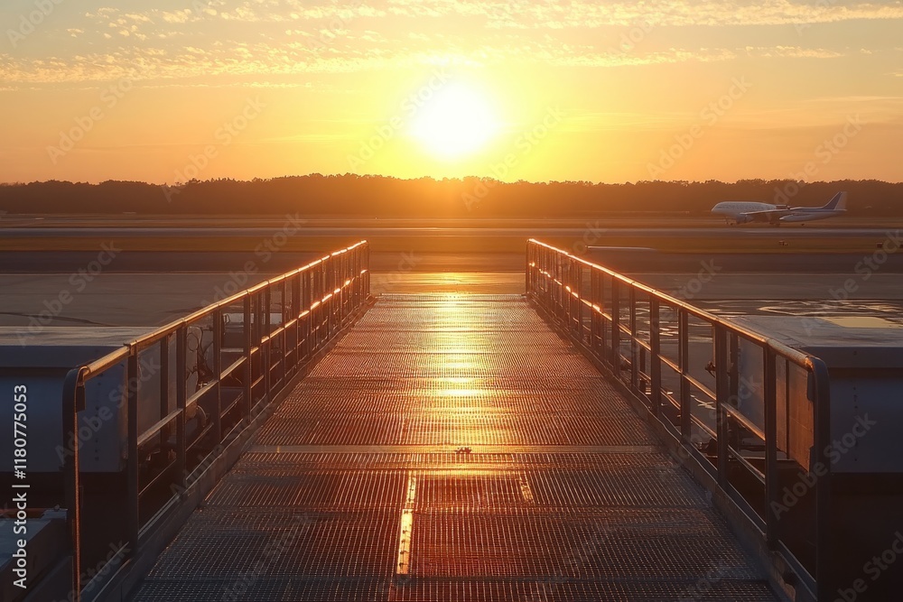 Fototapeta premium Sunset Overrunway with Bridge and Aircraft in Background