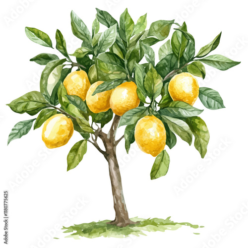 A watercolor vector of a lemon tree with ripe lemons hanging from its branches, isolated on a white background. Lemon tree vector.
