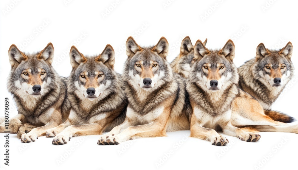 A Pack of Wolves Posing, Five Majestic Canines Display Their Beauty and Strength Against a Crisp White Background, Their Keen Eyes Stare Directly at the Viewer, A Pack of Wolves Posing, Five Majestic Canines Display Their Beauty and Strength Against a Crisp White Background, Their Keen Eyes Stare Directly at the Viewer,