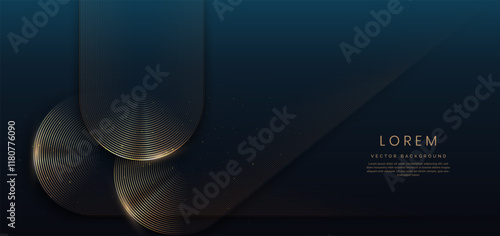 Abstrct gold glowing geometric rounded lines shape on dark blue background. Luxury template award design.