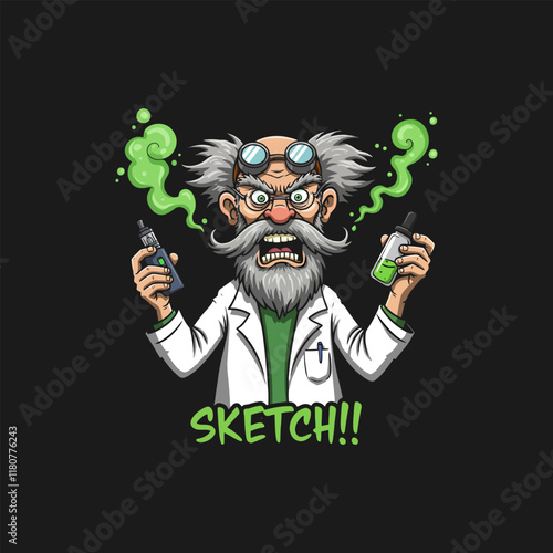 An angry cartoon scientist in a lab coat holds a vape and a bottle of green e-liquid, exhaling green vapor.