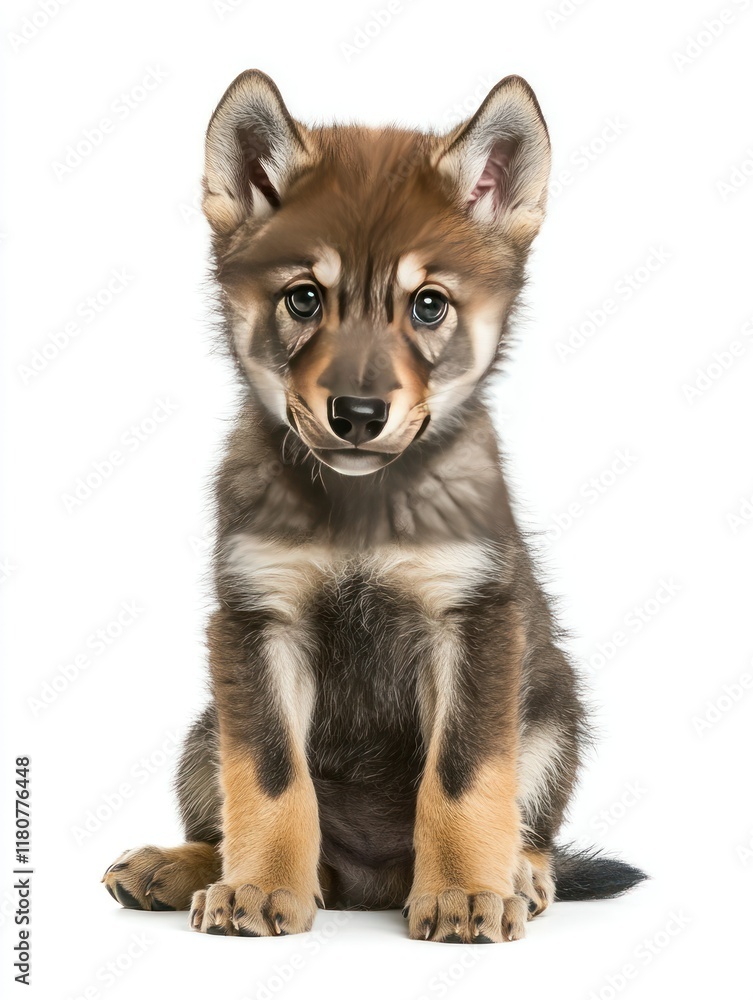 Fototapeta premium Portrait of an Adorable and Fluffy Wolf Puppy with Wide Eyes Sitting Patiently Against a White Background, Showing a Mix of Light and Dark Brown Fur