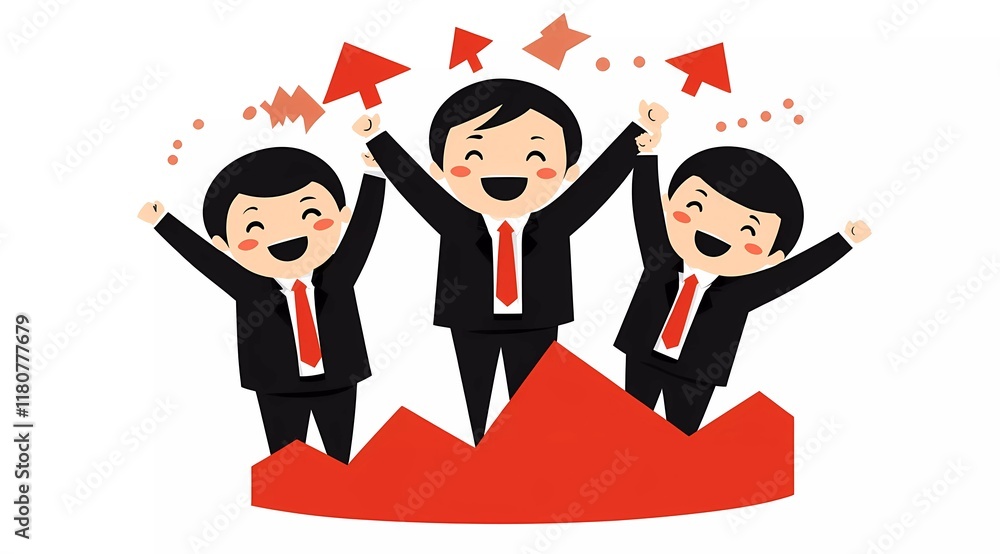 Cheerful Business Team Illustration Celebrating Success with Rising Arrows Cheerful Business Team Illustration Celebrating Success with Rising Arrows