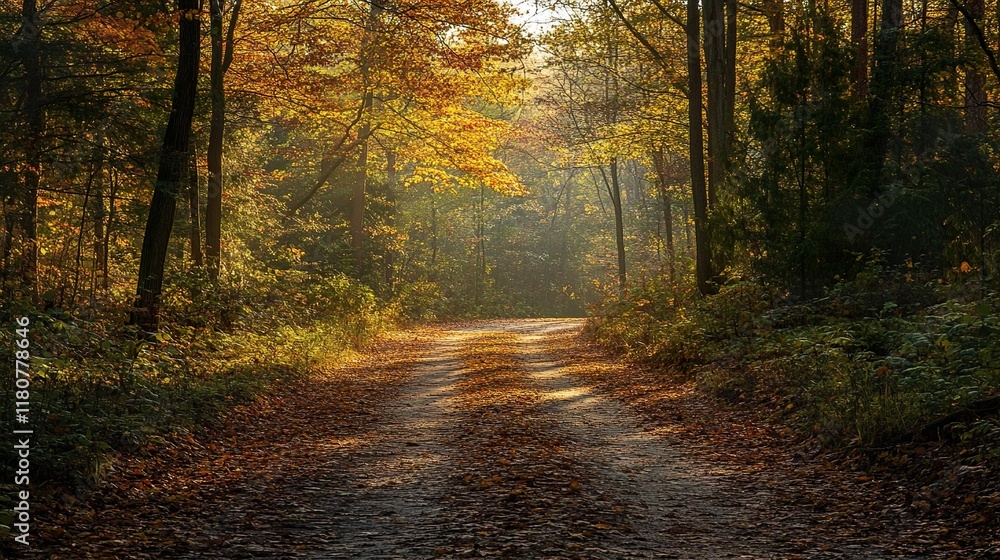 Fototapeta premium Autumnal Forest Path: A Sunlit Journey Through Nature