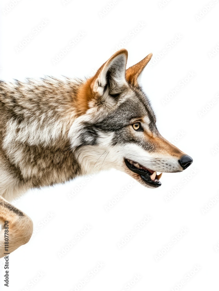 Obraz premium A Captivating Close-Up of a Wild Coyote's Profile, Revealing its Piercing Amber Eyes and Furry Texture Against a Pristine White Background