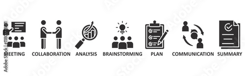 Brief icon set illustration concept with icon of meeting, collaboration, analysis, brainstorming, plan, communication, summary