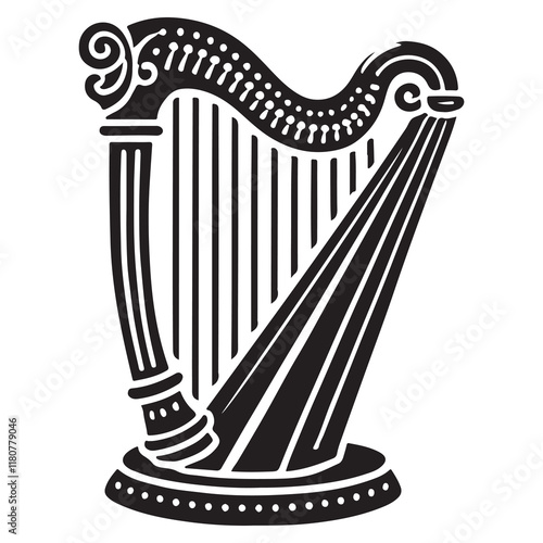 Harp Silhouette Vector Illustration, Solid White Background.