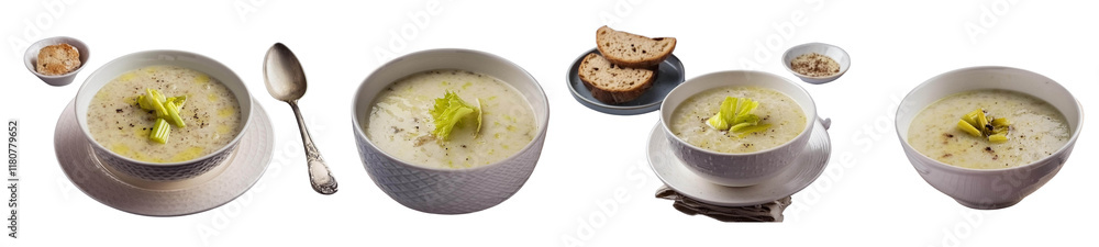 Bowl of vegetarian cream soup with oats and celery on transparent background Bowl of vegetarian cream soup with oats and celery on transparent background