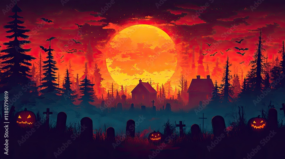 Halloween night scene with spooky house, graveyard, pumpkins, bats, and red moon. Halloween night scene with spooky house, graveyard, pumpkins, bats, and red moon.