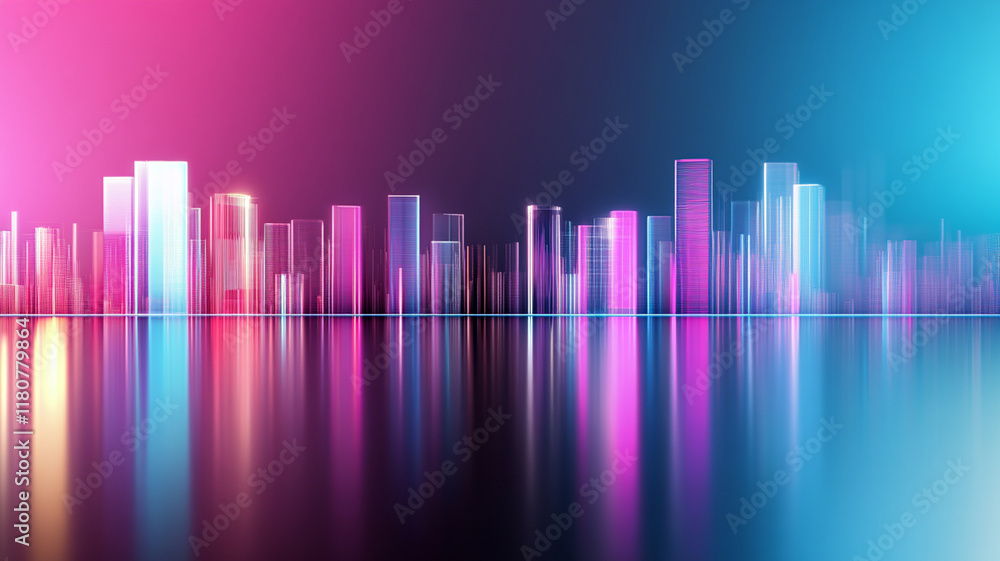 Vibrant neon skyline with modern skyscrapers reflecting on water surface creating colorful mirror effect with pink and blue gradient city glow Vibrant neon skyline with modern skyscrapers reflecting on water surface creating colorful mirror effect with pink and blue gradient city glow