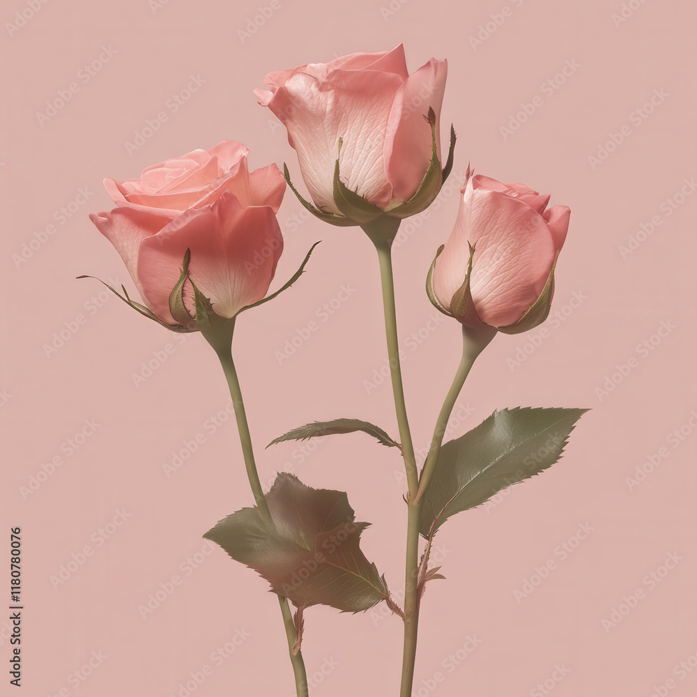 Elegant pink roses with soft petals and green leaves against pastel background create serene and romantic atmosphere. Perfect for floral arrangements or decor Elegant pink roses with soft petals and green leaves against pastel background create serene and romantic atmosphere. Perfect for floral arrangements or decor