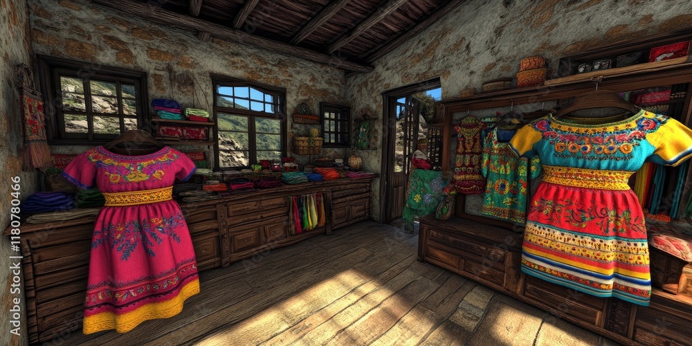 Obraz premium A colorful boutique showcasing traditional dresses in a rustic setting.