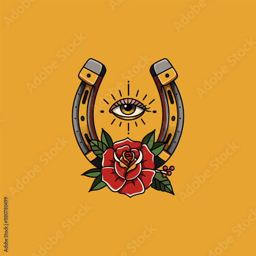 A stylized illustration of a horseshoe with an all-seeing eye and a red rose, designed in a vintage tattoo style.