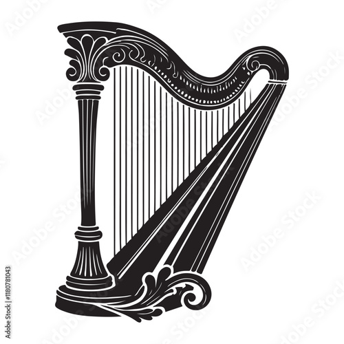 Harp Silhouette Vector Illustration, Solid White Background.