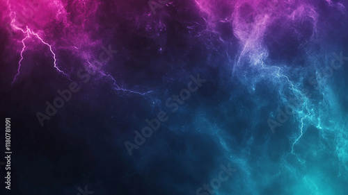 Electric neon lightning bolt flashes through cosmic dark stormy clouds with purple and turquoise ethereal nebula smoky background