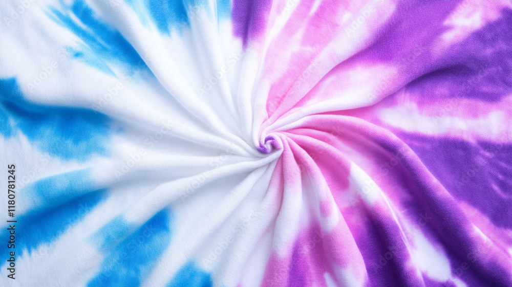 Obraz premium Colorful tie dye spiral pattern in blue pink and purple colors abstract swirl radial background with hypnotic creative design texture