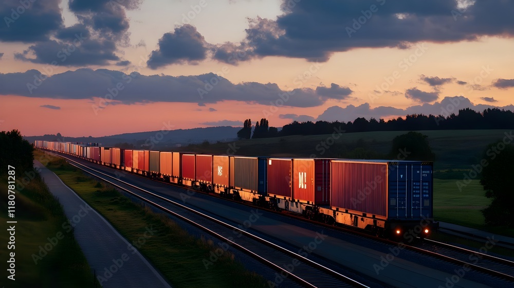 Fototapeta premium sunset freight train, cargo transport - dramatic lighting (sunset/s.