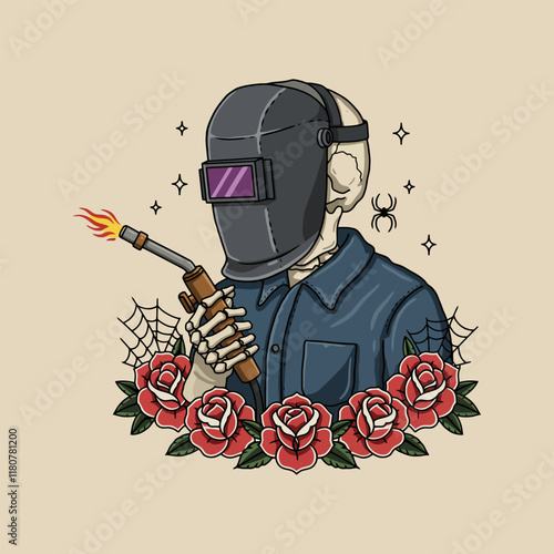 A stylized illustration of a skeleton wearing a welding mask and holding a welding torch, surrounded by roses and spiderwebs.