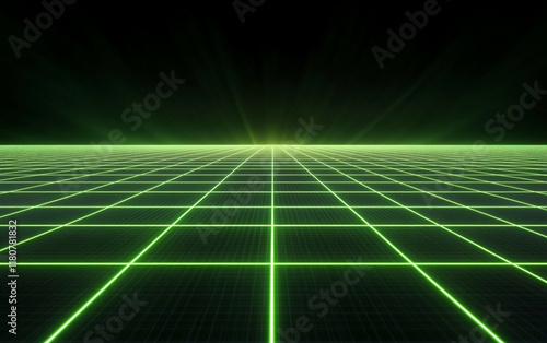 Wallpaper Mural Glowing green wireframe grid fading into dark perspective horizon with geometric neon lines creating futuristic virtual space backdrop Torontodigital.ca