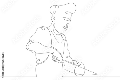 Chef prepares food in the kitchen. Male cook in uniform with kitchen utensils at work.One continuous drawing line  logo single hand drawn art doodle isolated minimal illustration.