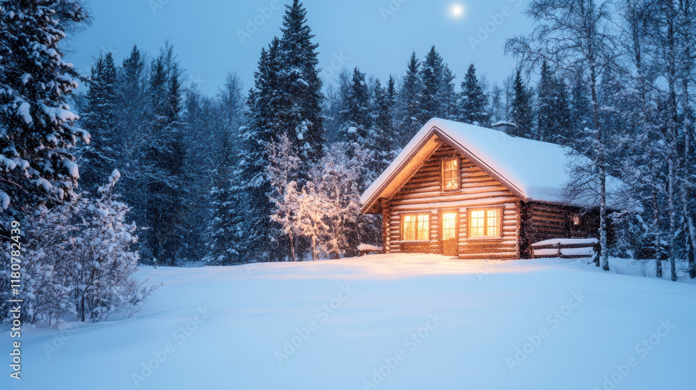 Cozy log cabin in snowy winter forest at dusk with glowing lights Cozy log cabin in snowy winter forest at dusk with glowing lights