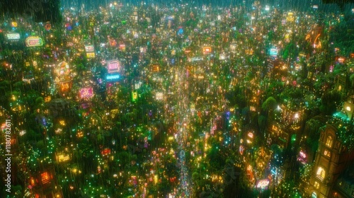 Aerial view of a vibrant, colorful, futuristic city nestled within a lush forest canopy, glowing with colorful lights.  Densely populated urban landscape, with structures blending seamlessly with natu