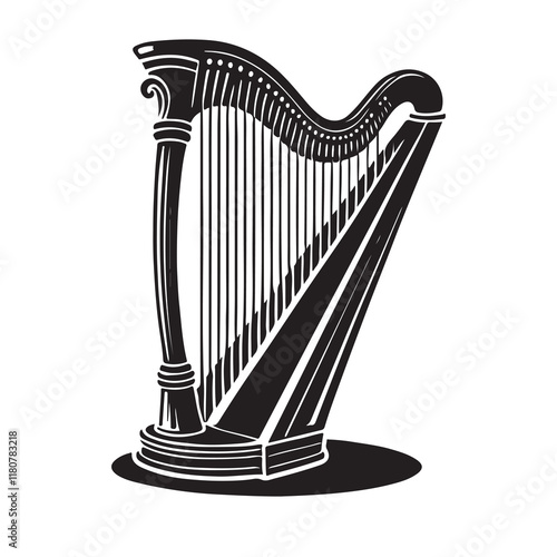 Harp Silhouette Vector Illustration, Solid White Background.