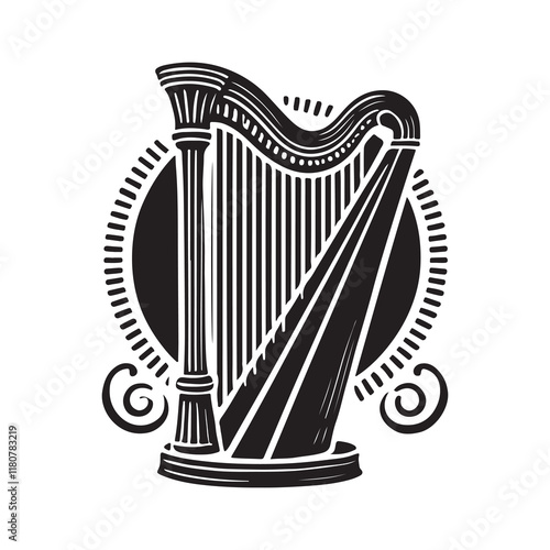 Harp Silhouette Vector Illustration, Solid White Background.